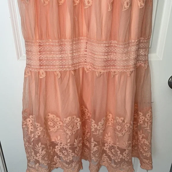 Peach prairie dress vintage lace style off the shoulder floral design small med - Picture 7 of 15